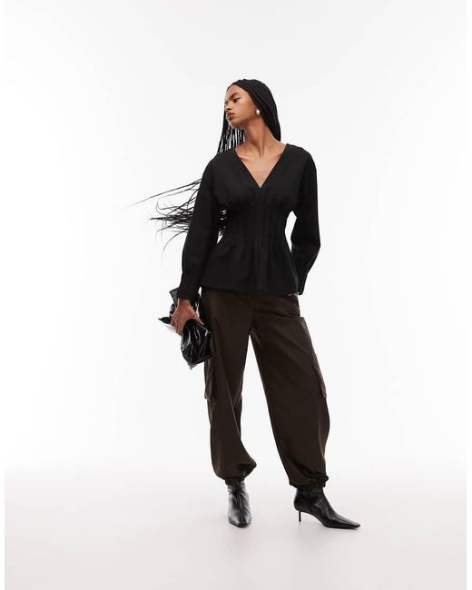 ARKET Black Stretch Blouse With Pleated Corset Waist