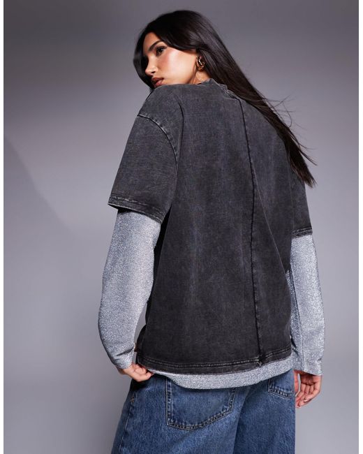 Liquor N Poker Gray Sequin Sleeve Oversized T-shirt With Motif Detail Top