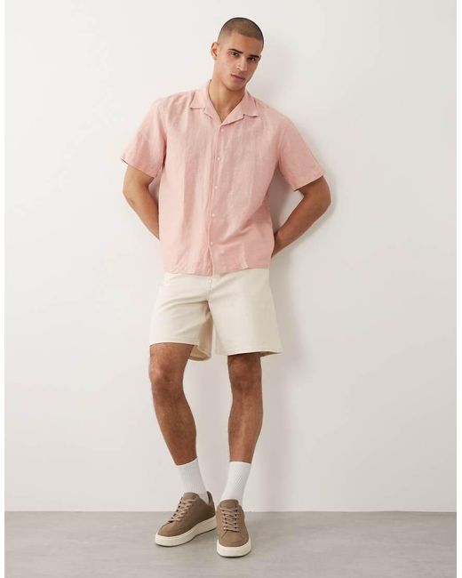 SELECTED Pink Linen Blend Short Sleeve Shirt for men