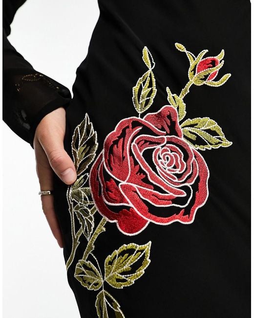 Black dress with red roses embroidery hot sale