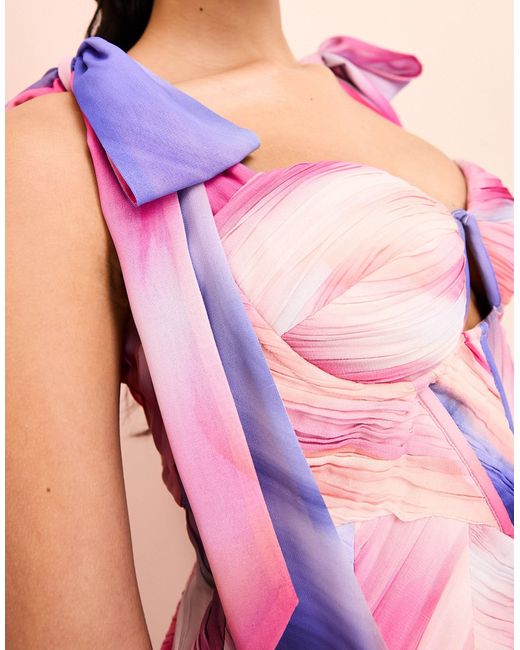 ASOS Pink – maxikleid aus chiffon mit schulterträgern zum binden, aquarell-design und zierausschnitt