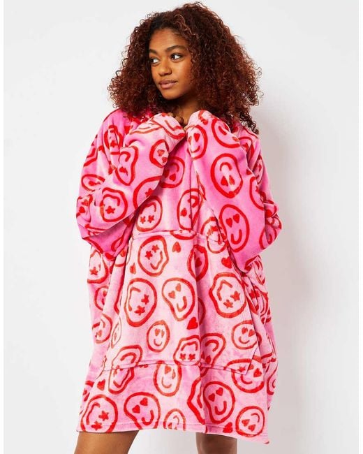 Skinnydip London Red London Happy Face Fleece Blanket Hoodie