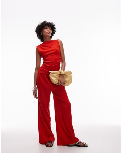 TOPSHOP Red Textu Asymmetric Ruched Tank Co-ord