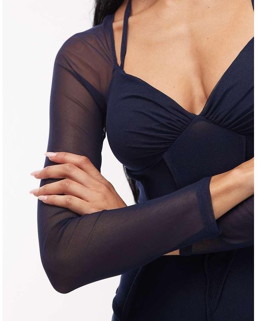ASOS Blue Mesh Long Sleeve Maxi Dress With Exposed Seam Detail