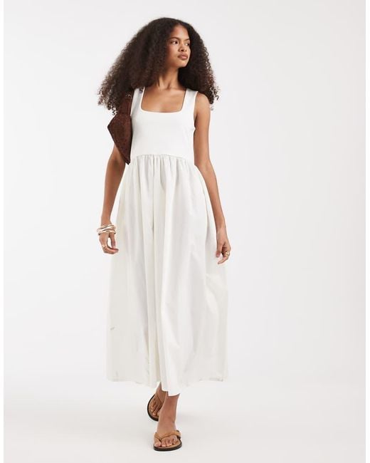 Vero Moda White Sleeveless Midi Dress With Woven Skirt