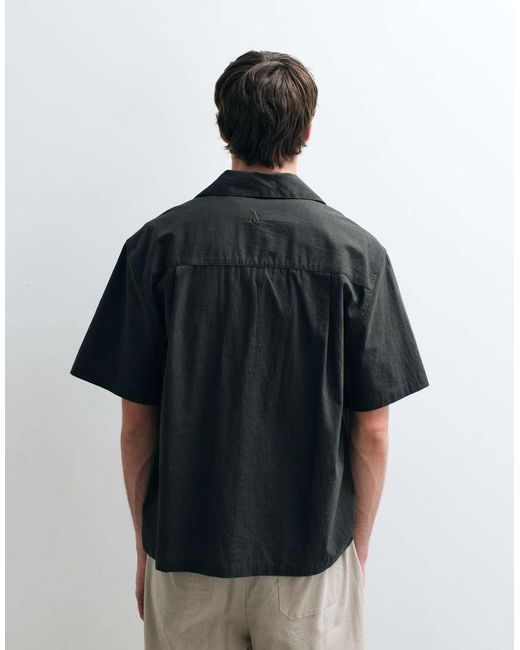 ASOS COLLECTIVE Black Relaxed Cotton Embroidered Shirt With Linen for men