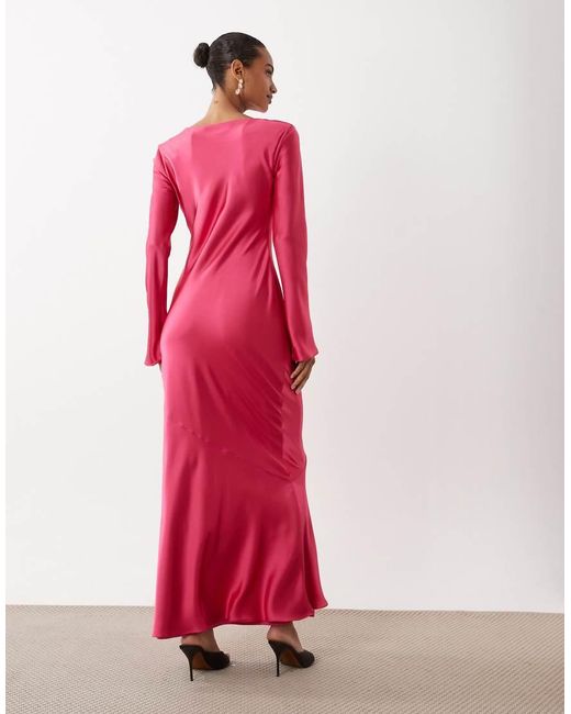 DASKA Pink Satin Bias Long Sleeve Seam Detail Maxi Dress