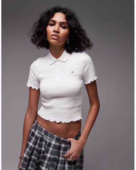 Tommy Hilfiger White Shirred Polo Top