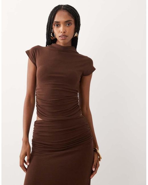 4th & Reckless Brown Ruched Side High Neck Short Sleeve Top