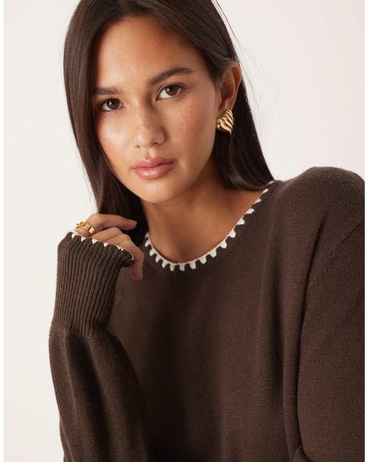 Threadbare Brown Crew Neck Jumper With Contrast Blanket Stitch
