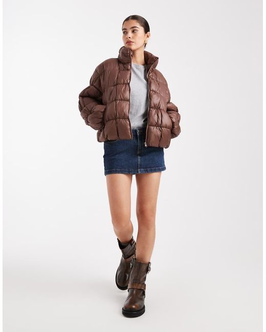 South Beach Brown High Shine Quilted Jacket With Ruched Sleeve Detail