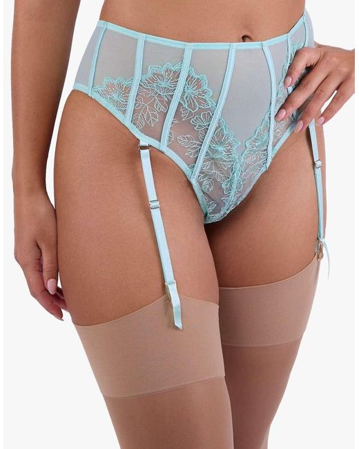 Playful Promises Blue Valerie Embroidery & Mesh High Waist Suspender Thong
