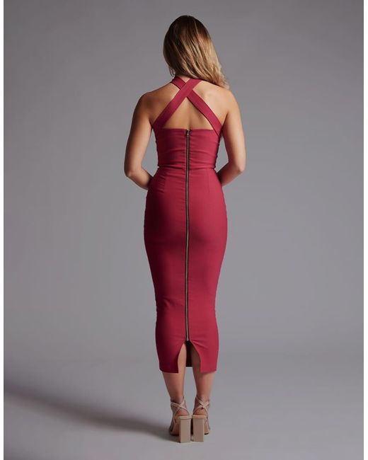 Vesper Red Halteneck Bodycon Midaxi Dress With Cross Straps