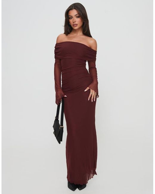 Princess Polly Purple Consideration Mesh Bardot Flare Sleeve Lettuce Edge Maxi Dress