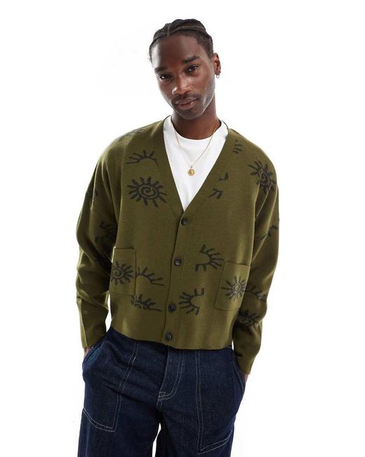 ASOS Green Oversized Cropped Knitted Cardigan With Contrast Pattern for men