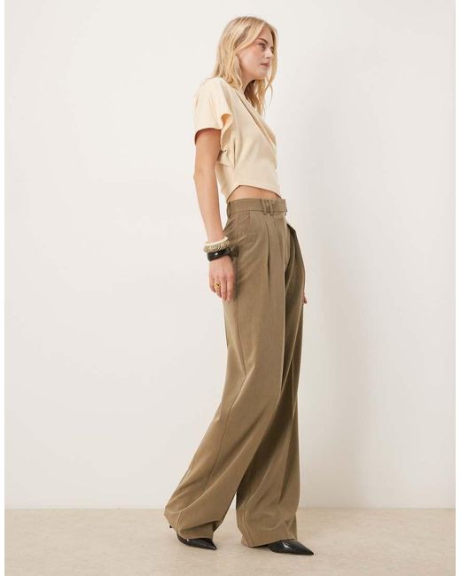 ASOS Natural Tall Tailored Wide Leg Trousers With Pleat Detail