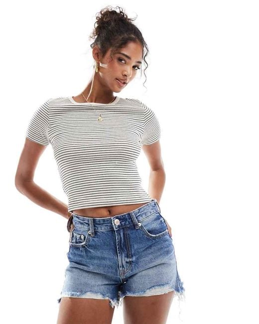 Stradivarius White Ripped Denim Short