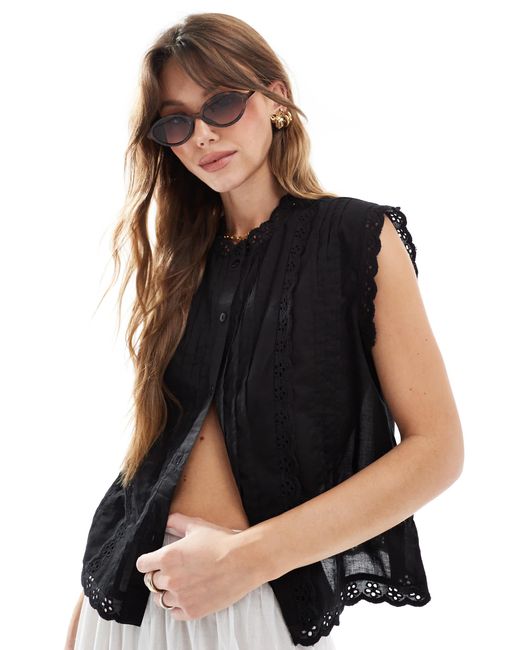 ASOS Black Sleeveless Shirt With Broderie Trim Detail