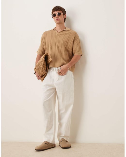 ASOS – kastiges, geripptes oversize-polohemd aus pointelle-strick in Brown für Herren