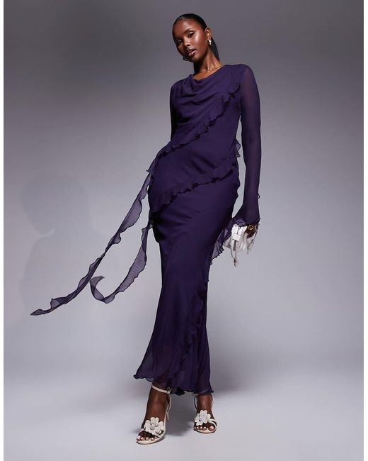 DASKA Blue Chiffon Maxi Dress With Frill Details