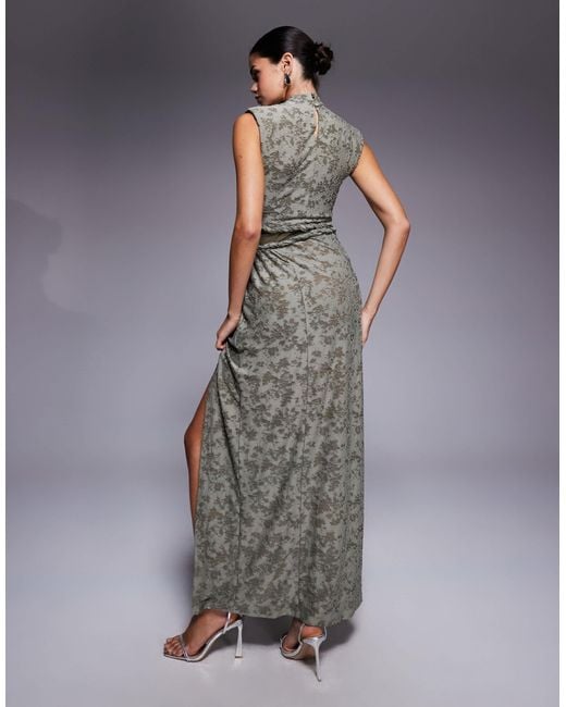 ASOS Gray High Neck Devore Twist Detail Maxi Dress With Sheer Panel