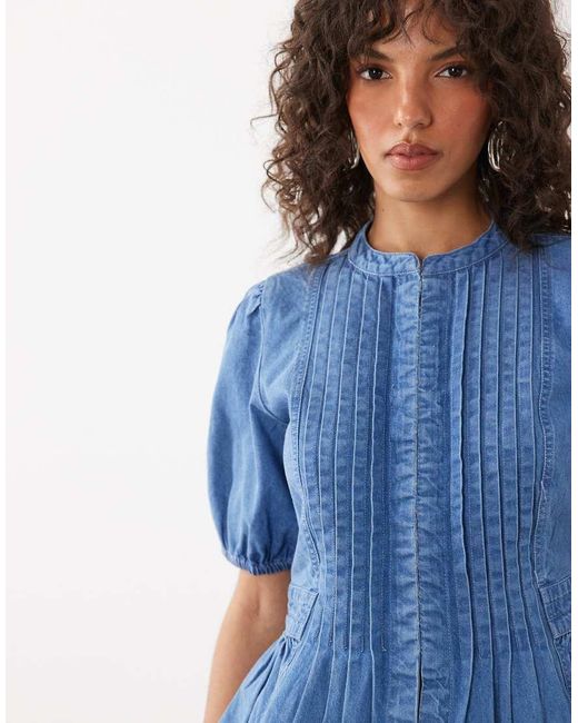 Nobody's Child Blue Tillie Denim Crew Neck Pleat Front Hook And Eye Peplum Top