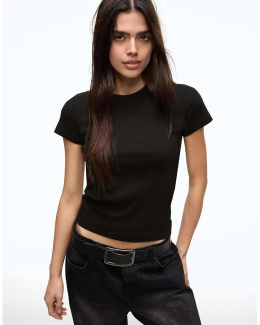 Bershka Black Basic Rib Short Sleeve T-shirt