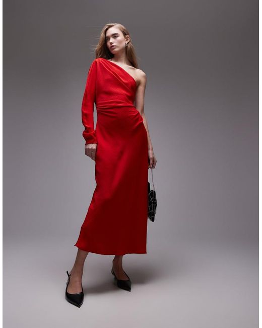 Mango Red Long Sleeve One Shoulder Maxi Dress