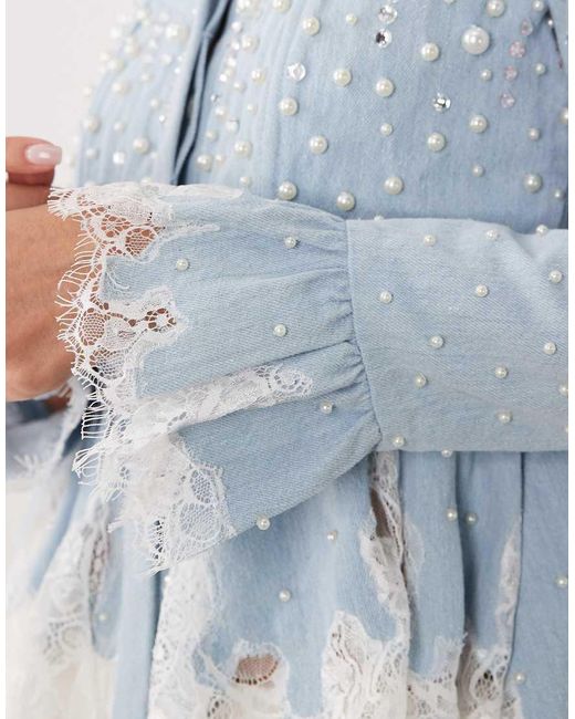 ASOS Blue Peplum Denim Corset Shirt With Lace And Pearl Detail