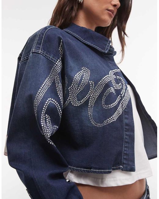 True Religion Blue Embellished Crystal Script Logo Cropped Denim Shirt