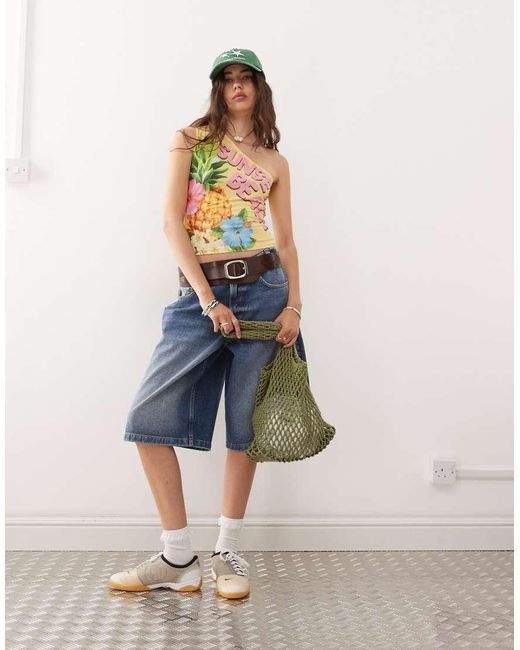 Collusion Green One Shoulder Fitted Top With Sunset Beach Graphic