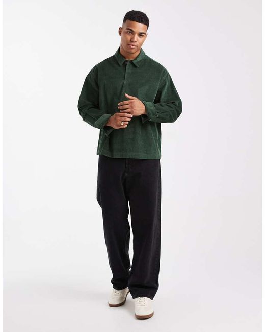 ASOS Green Boxy Oversized Cord Rugby Shirt for men