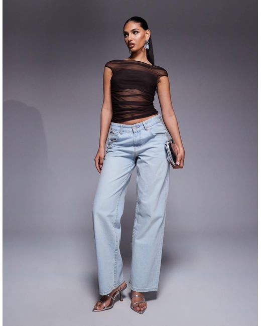 ASOS Blue Gathered Short Sleeve Off Shoulder Mesh Top