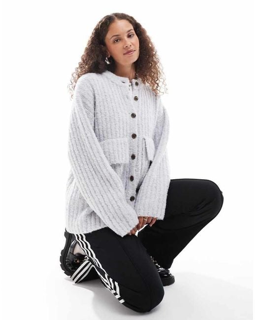 Monki White Chunky Knit Rib High Neck Cardigan With Button Front And Front Flap Pockets