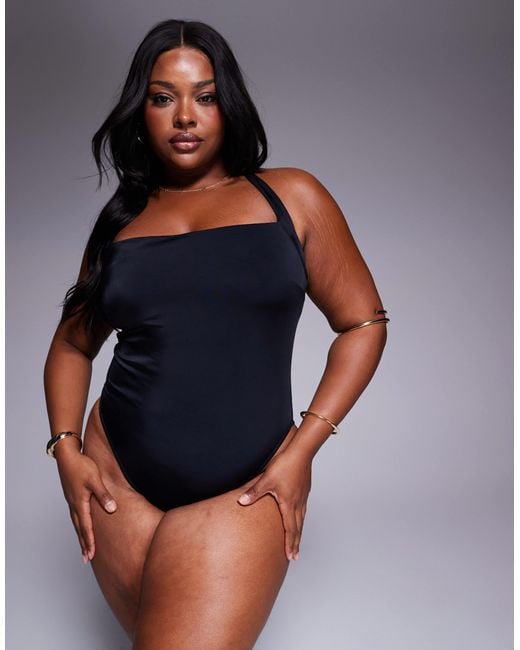 ASOS Blue Asos Design Curve Revenge Halter Tie Neck Swimsuit
