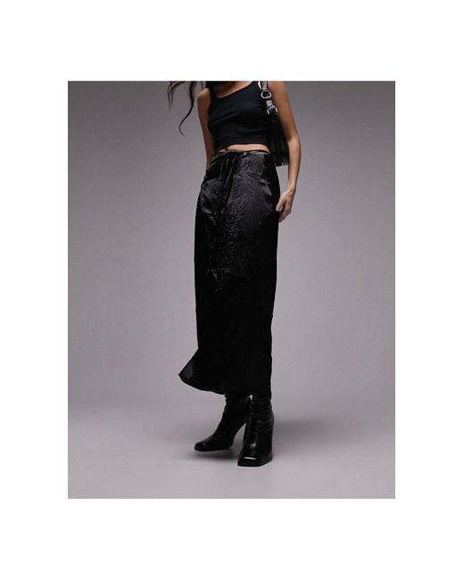 TOPSHOP Black Crinkle Wrap Midi Skirt