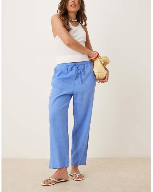 Mango Blue Tie Waist Linen Trousers