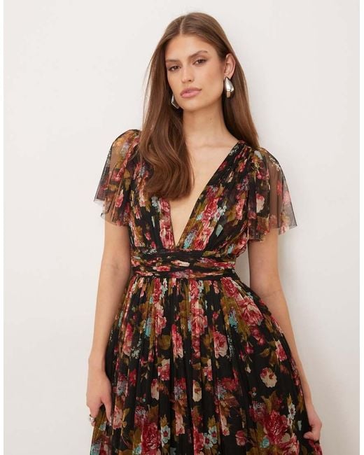 LACE & BEADS Brown Tulle Flutter Sleeve Deep V Maxi Dress