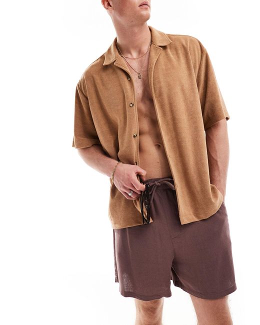 ASOS Brown Short Sleeve Oversized Revere Towelling Shirt for men