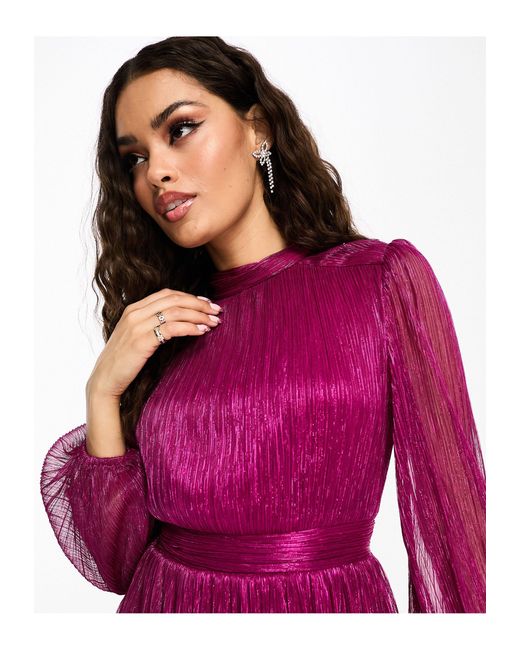 Forever New Purple Tiered Metallic Plisse Mini Dress