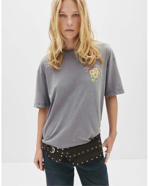 Pull&Bear Gray Flower Bouquet Graphic T-Shirt