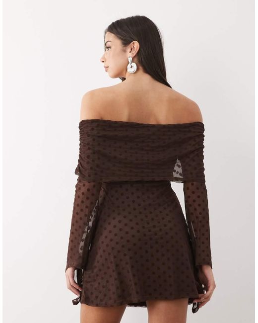 ASOS Brown Flocked Polka Dot Mini Bardot Off Shoulder Dress With exaggerated Flute Sleeve