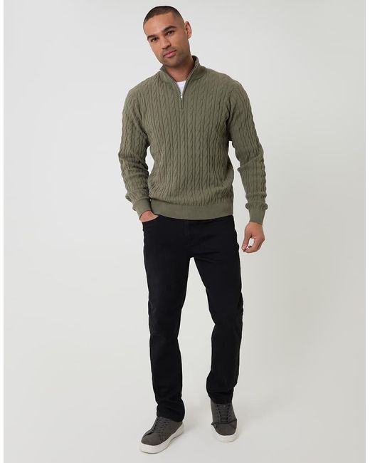 Threadbare Green Cable Knit Quarter Zip Jumper for men