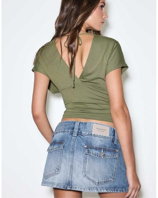 Stradivarius Green Low-waist Denim Skort With Detailing