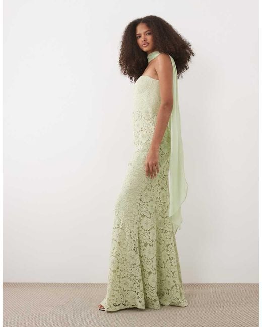 Six Stories Green Lace Corset Maxi Dress With Scarf Neck