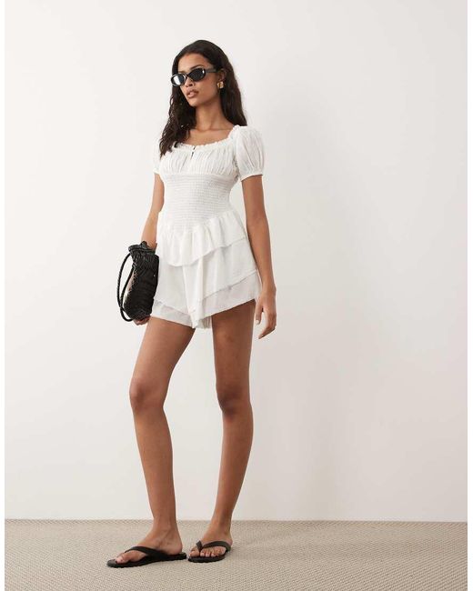 ASOS White Shirred Playsuit With Ruffle Shorts