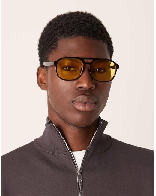 ASOS Brown Aviator Sunglasses With Yellow Lens And Tortoise Shell Frame for men