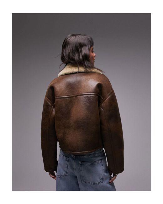 Faux Leather Shearling Cropped Aviator Jacket With Seaming