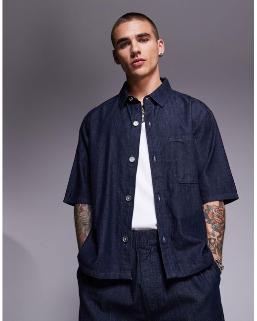 Bershka Blue Denim Shirt for men