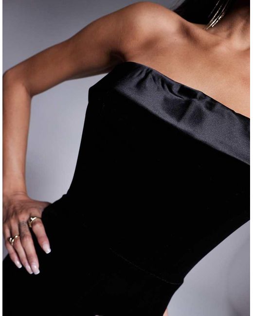 In The Style Black Velvet Bandeau Midi Dress With Contrast Satin Foldover Detail
